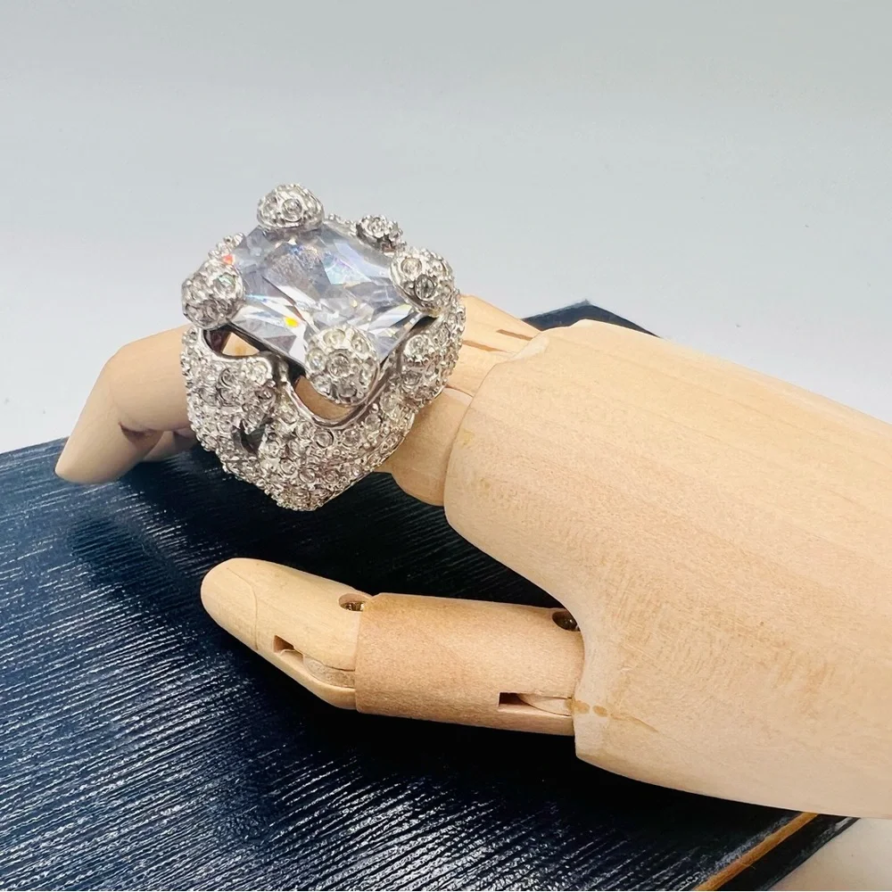 Huge chunky fake diamond cocktail ring paved rhinestones silver tone size 6